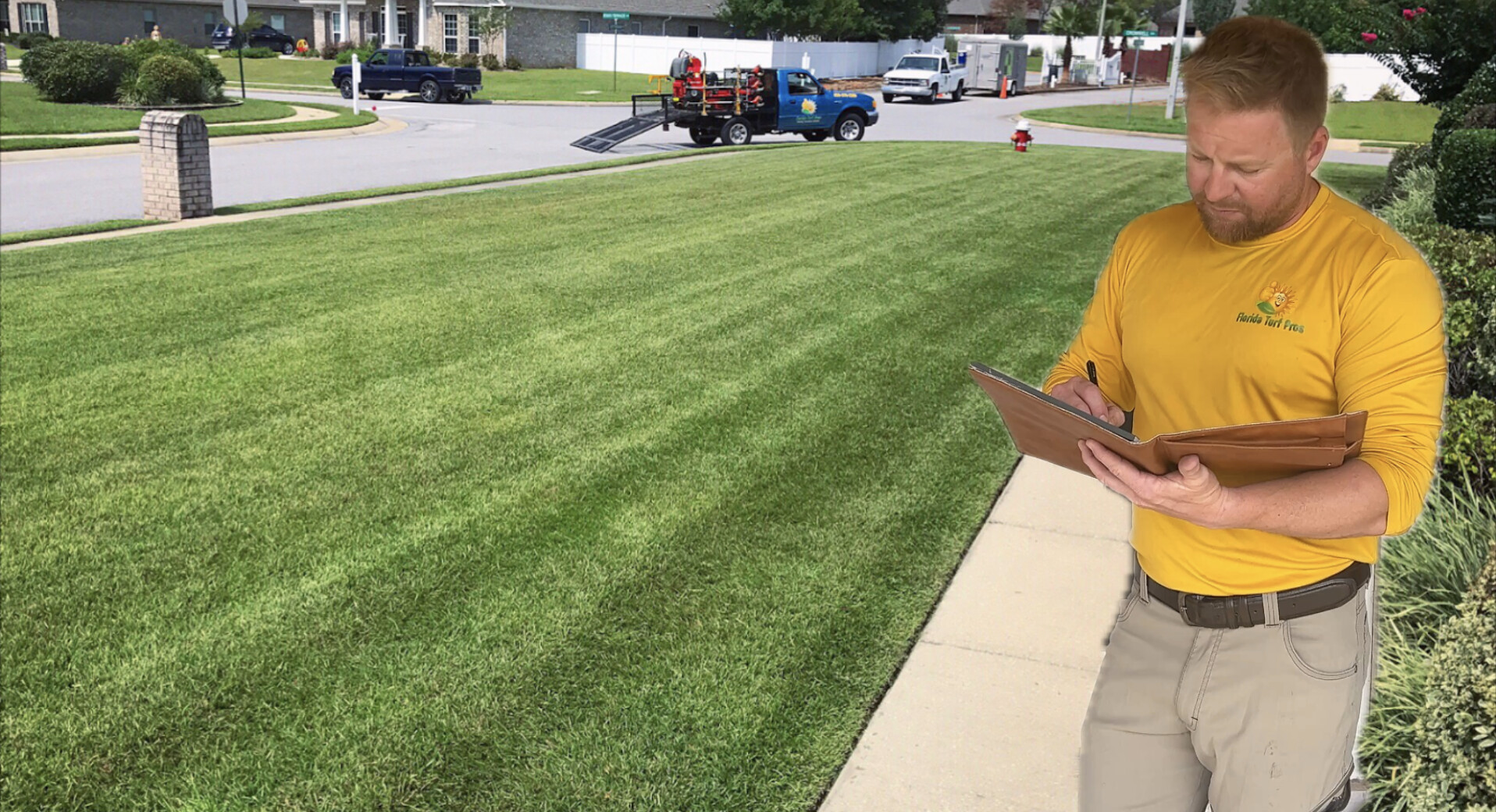 Jonathan reviewing a lawn price beside a freshly cut property